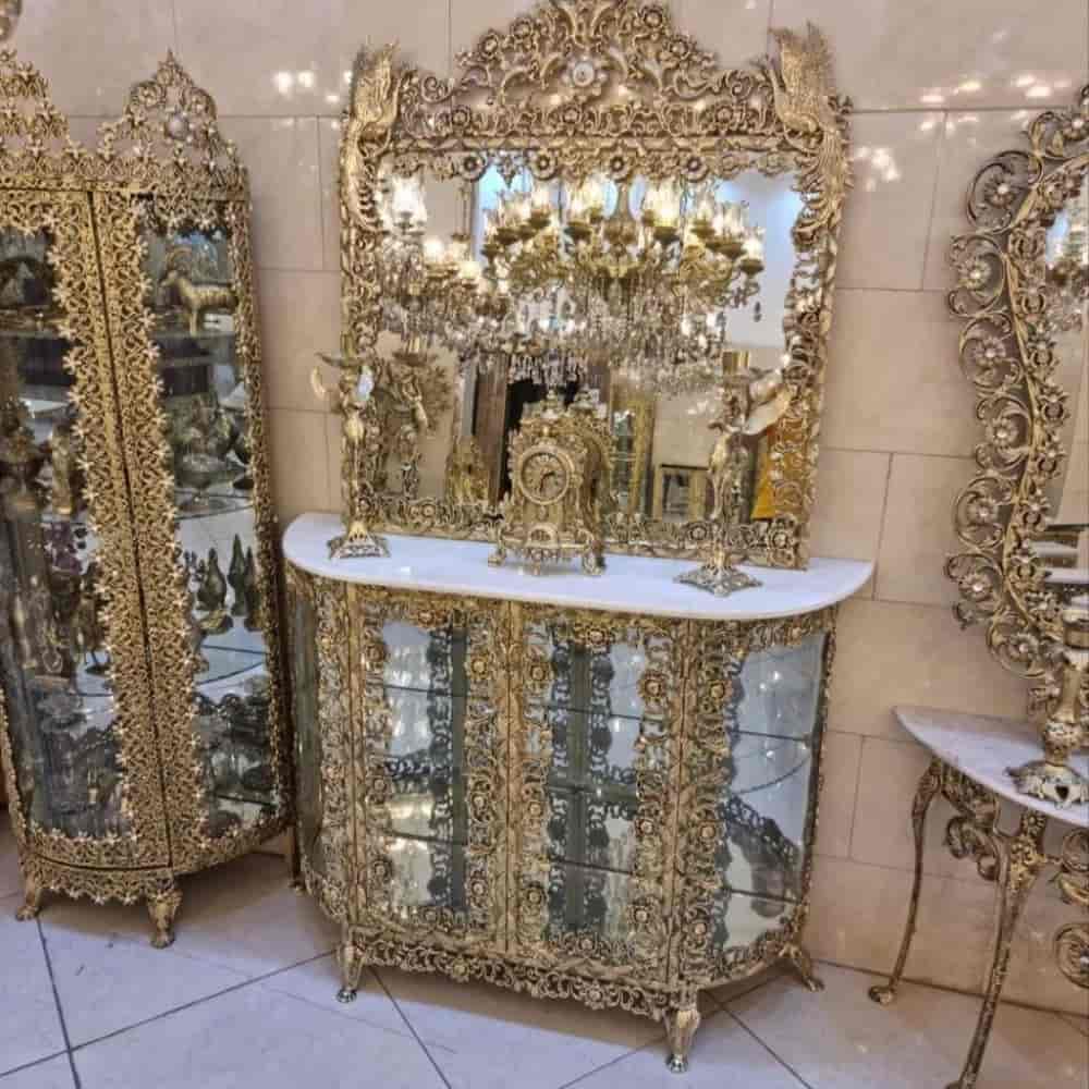 مرآة كونسول نصف دائرية من البرونز مع سطح حجري